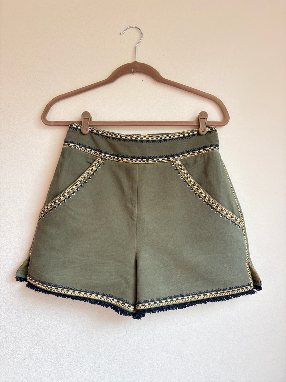 Talitha Olive Green High-Waist Embroidered Fringe Shorts